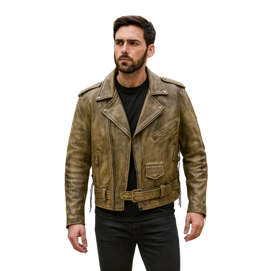 Men’s Brown Leather Biker Jacket – Distressed Cowhide with Dual Gun Pockets