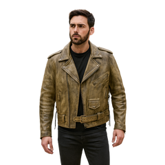 Men’s Brown Leather Biker Jacket – Distressed Cowhide with Dual Gun Pockets