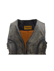 WOMENS LONGER CUT DISTRESSED BROWN COWHIDE LEATHER MOTORCYCLE VEST