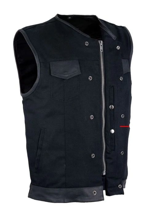 Men's Black Denim Biker Vest with Leather Trims
