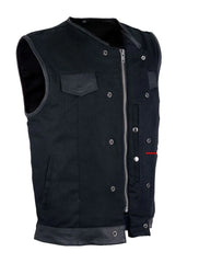 Men's Black Denim Biker Vest with Leather Trims