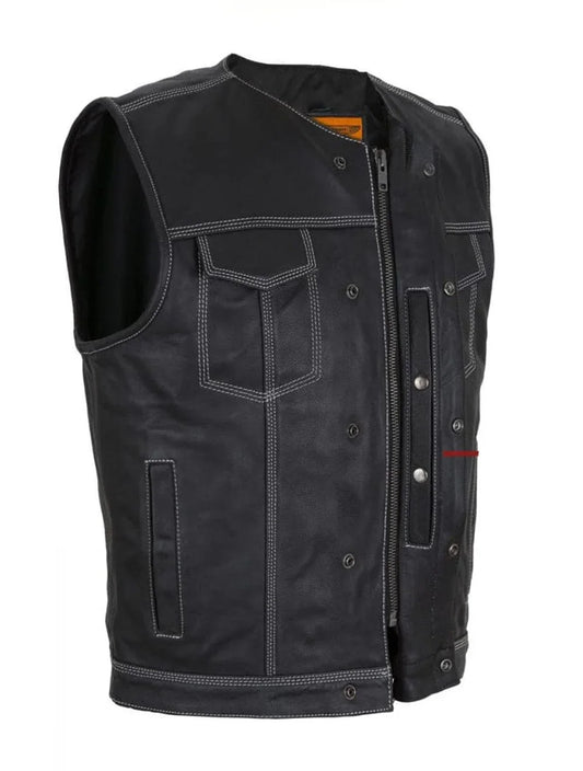 Men's Leather Motorcycle Club Vest – Double White Thread, Zipper Front