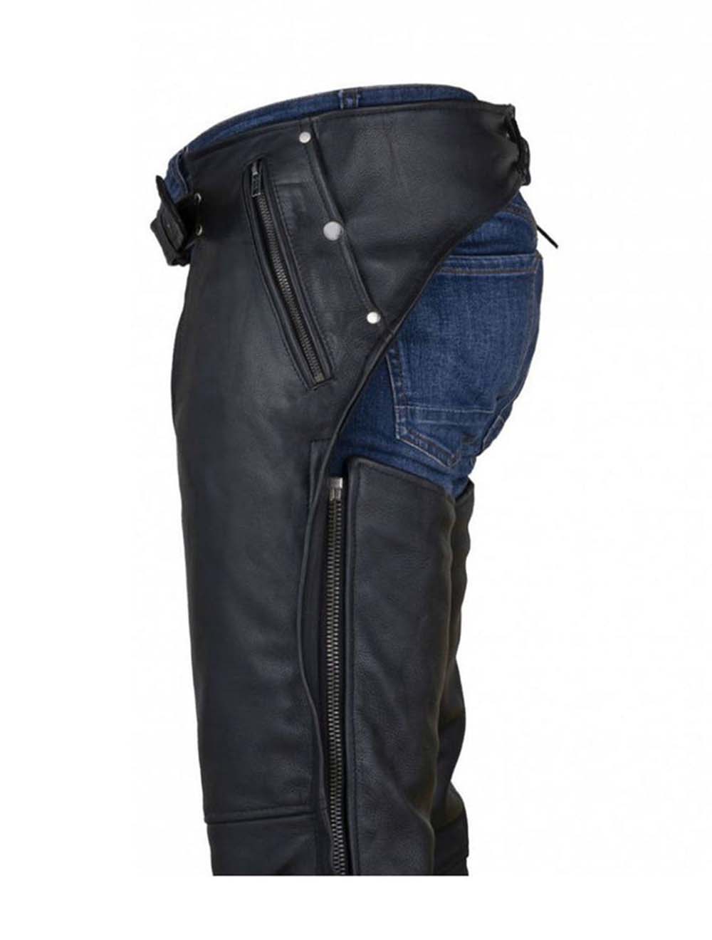 Black Multi-Pocket Cowhide Leather Chaps - Removable Lining