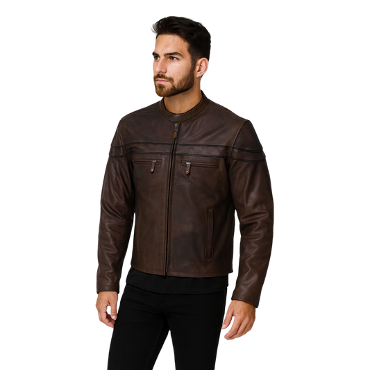 Men’s Durable Brown Cowhide Leather Jacket – Vented, Lined & Concealed Carry Ready
