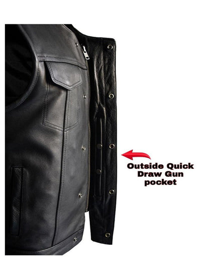 Mens SOA Style Motorcycle Club Vest® Conceal Gun Pockets Heavy Duty Premium Leather