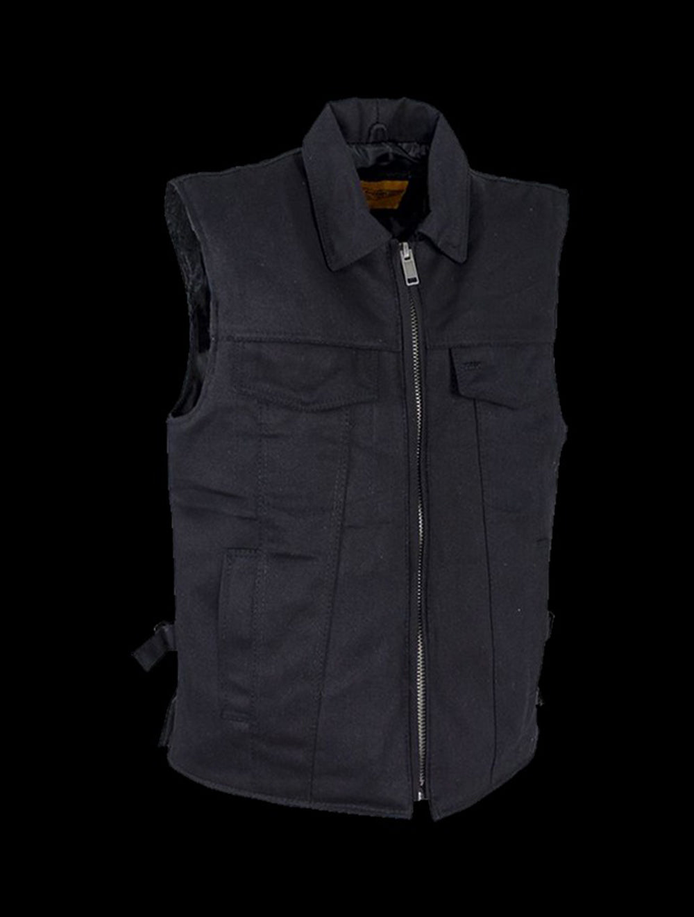 Men’s Black Denim Motorcycle Club Vest with Folded Collar & Hidden Snaps