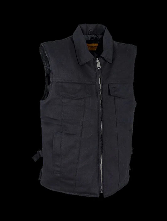 Men’s Black Denim Motorcycle Club Vest with Folded Collar & Hidden Snaps