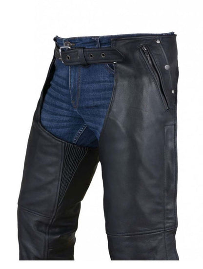 Black Multi-Pocket Cowhide Leather Chaps - Removable Lining