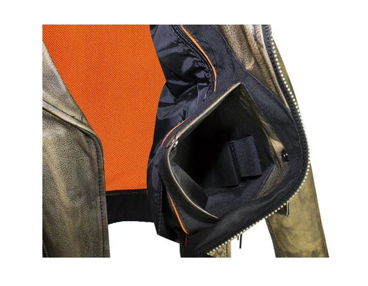 Men's Brown Leather Biker Jacket with Secure Gun Pockets