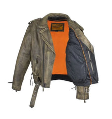 Men's Brown Leather Biker Jacket with Secure Gun Pockets