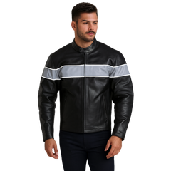 Men's Motorcycle Jacket With Silver Racing Stripe – Premium Leather with Reflective Trim