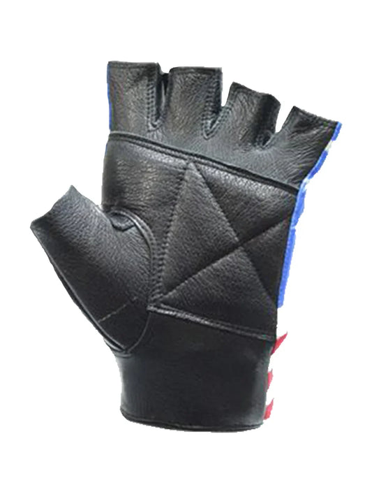 Palm side view of USA Flag Leather Motorcycle Gloves with padded palm and secure wrist Velcro strap