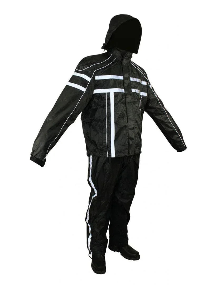 Side angled front view of black two-piece
rain suit with hood and reflective lining