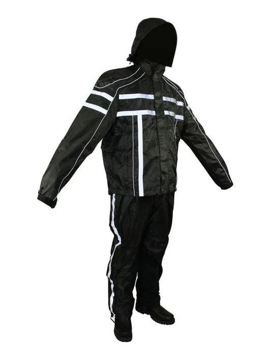 Side angled front view of black two-piece
rain suit with hood and reflective lining