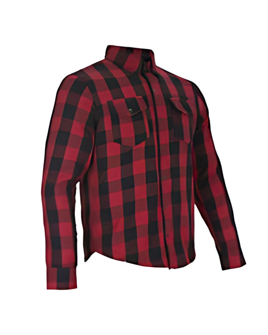 Angled view showing breathable cotton plaid shirt with sleek button design