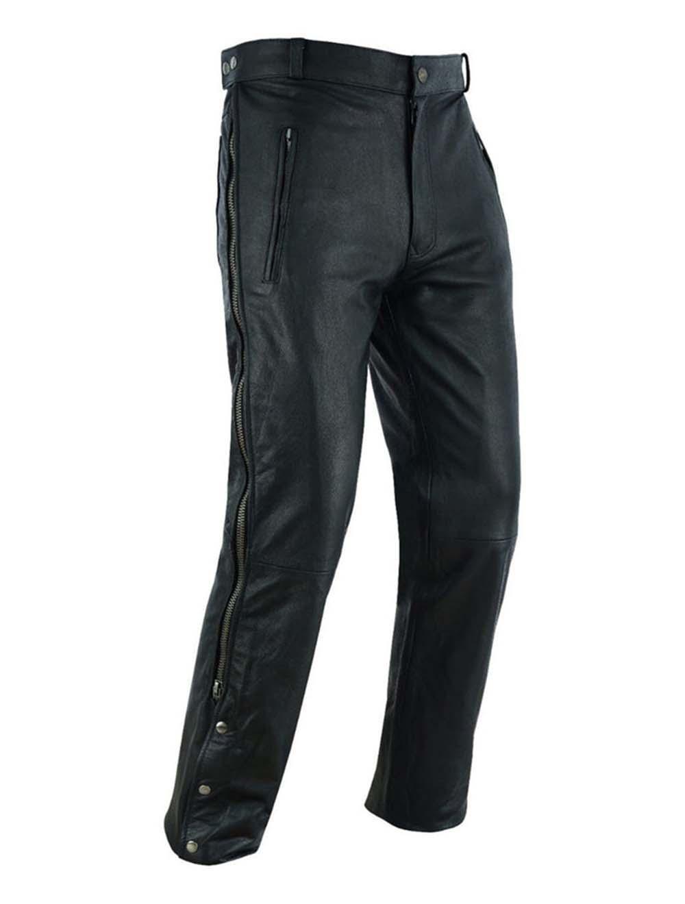 Angled front side view of men's black leather motorcycle pants with full side zipper