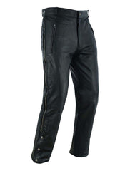 Angled front side view of men's black leather motorcycle pants with full side zipper