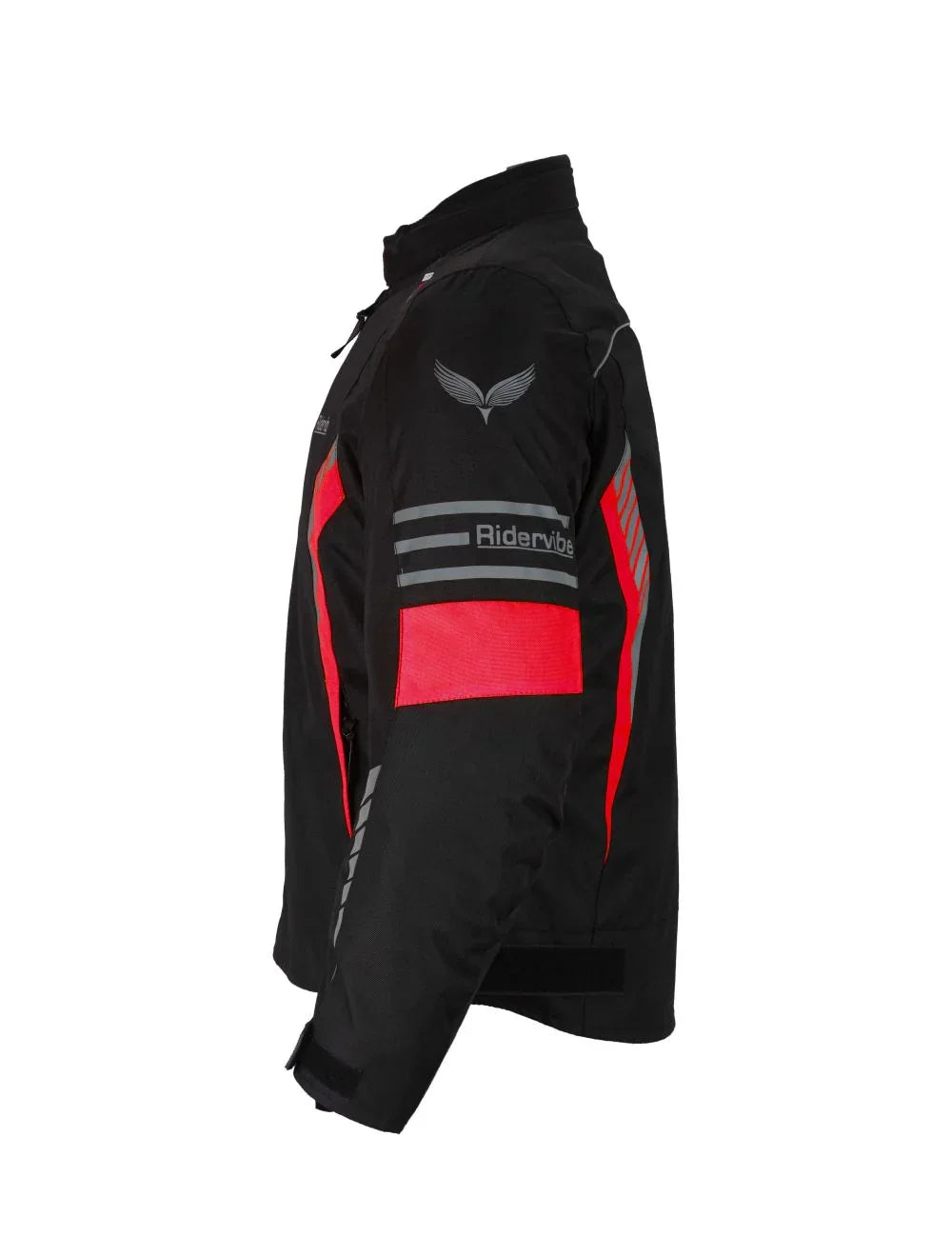 Arm view showing reflective stripes and breathable fabric of red black jacket