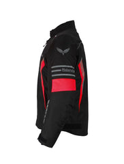 Arm view showing reflective stripes and breathable fabric of red black jacket