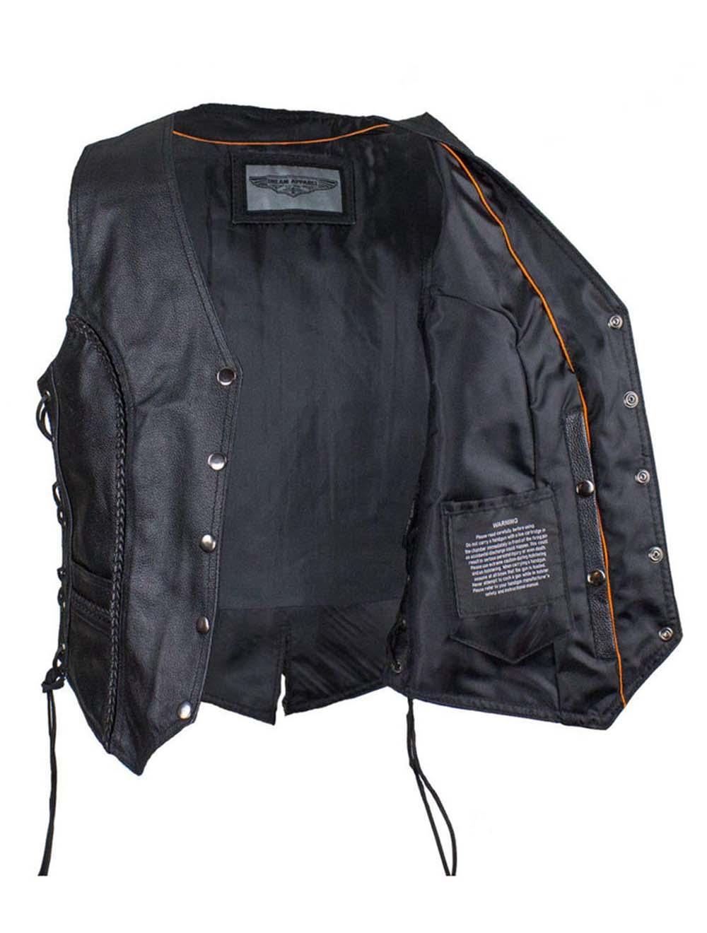 Rear View Women’s Black Leather Biker Vest with Laces