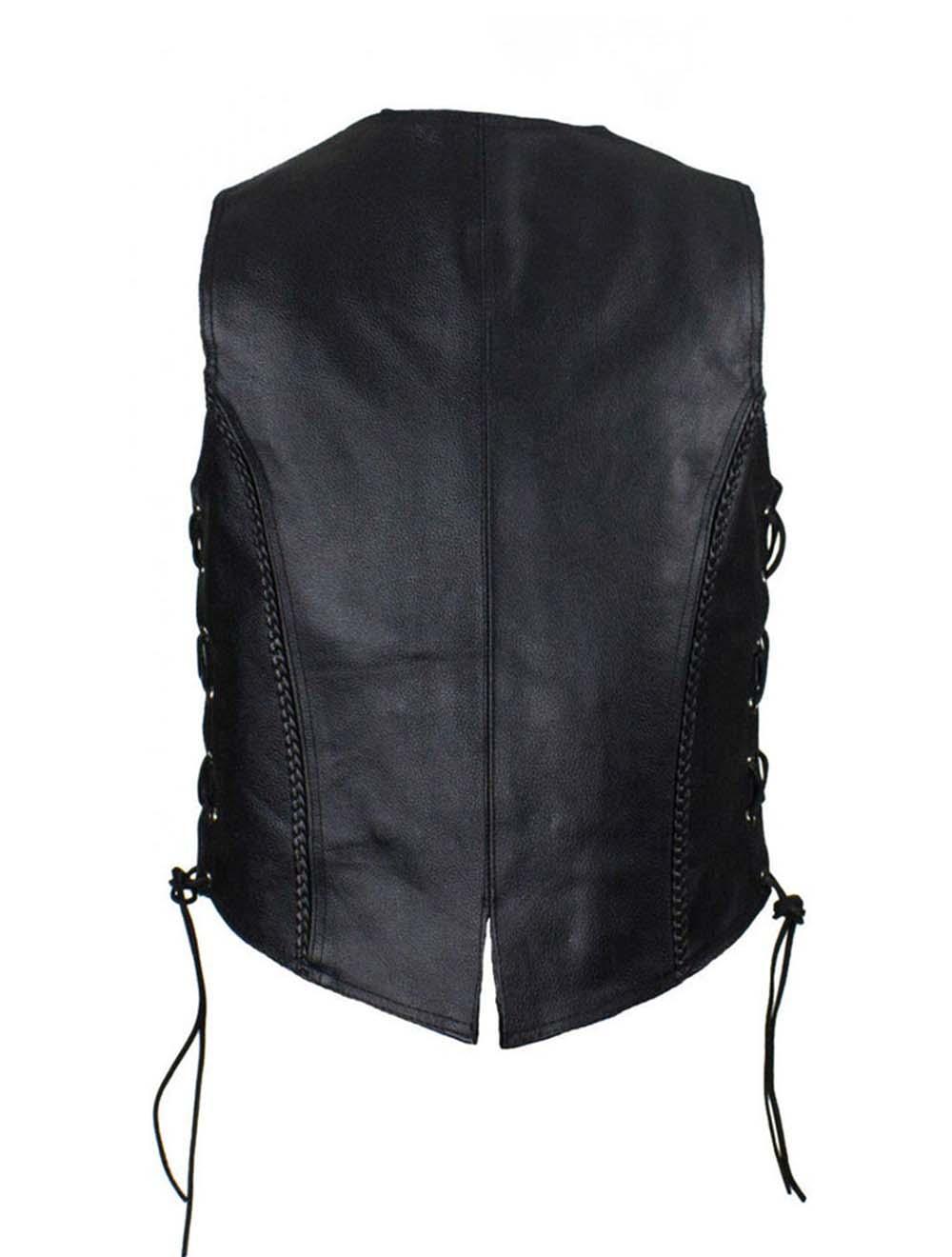 Back View Women’s Black Leather Motorcycle Vest Braided