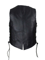 Back View Women’s Black Leather Motorcycle Vest Braided