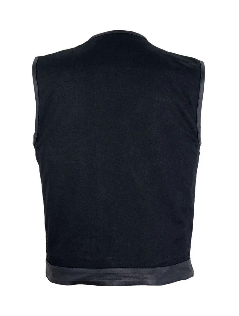 Back view of men’s black biker vest with full panel for patches – leather trim