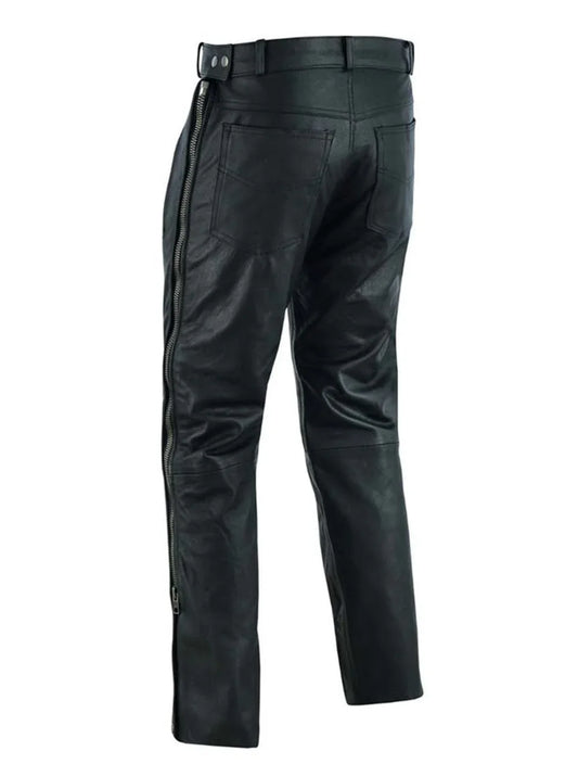 Rear view of premium black leather pants for men – biker trousers with rear pockets