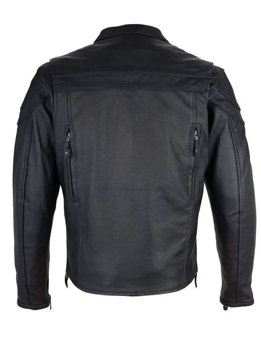 Back view of racing style cowhide leather motorcycle jacket