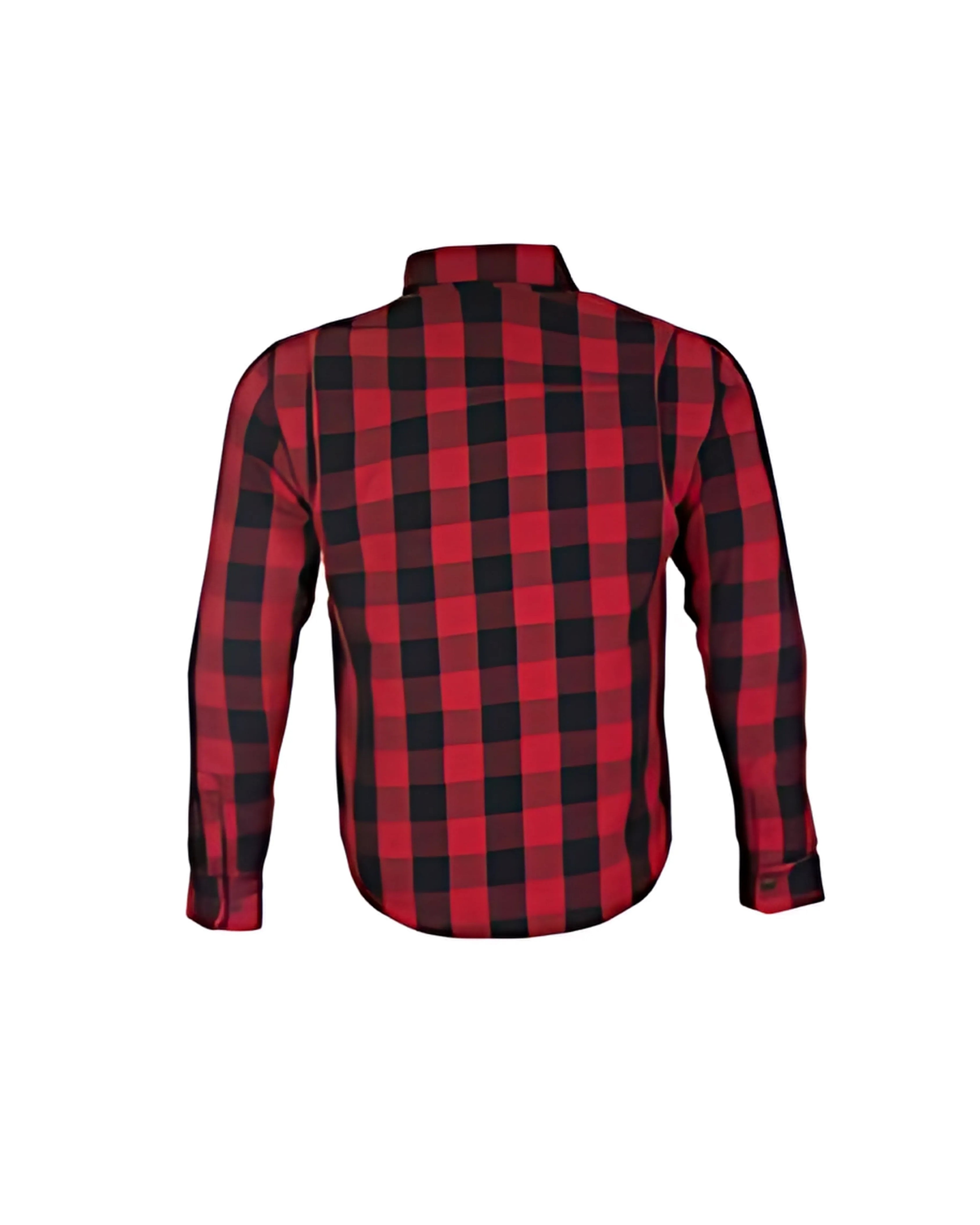 Rear view of red-black men’s flannel shirt jacket for motorcyclists