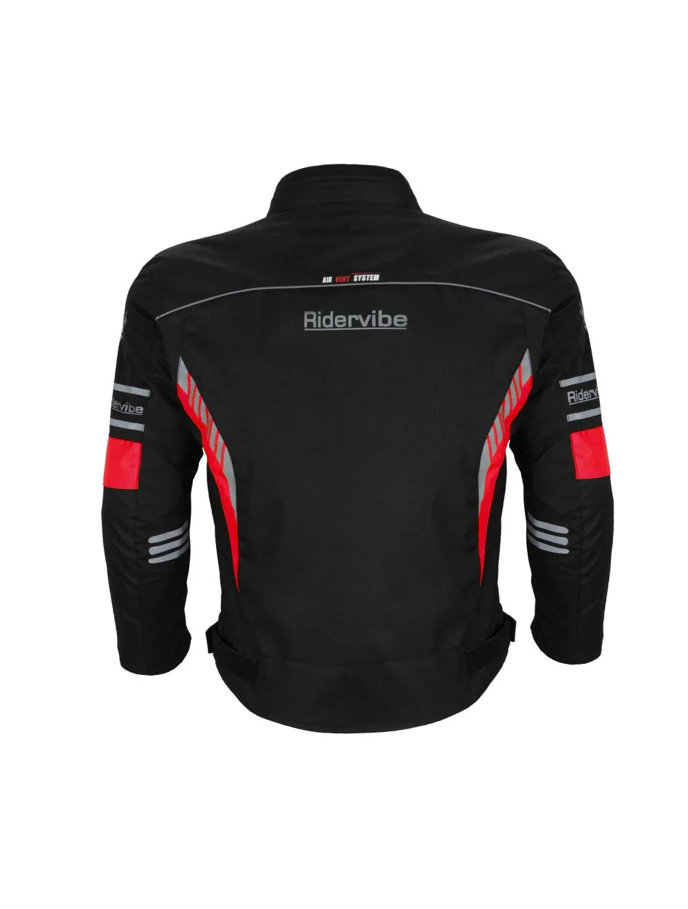 Back view showing night reflective panels of Red Black Waterproof Biker Jacket