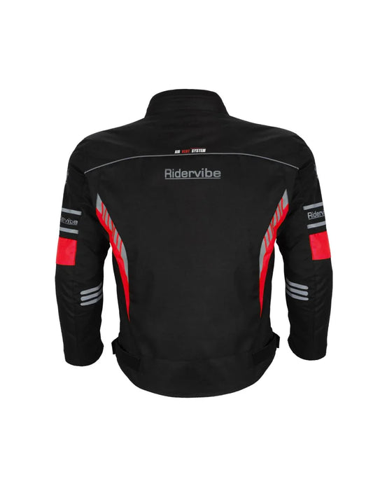 Back view showing night reflective panels of Red Black Waterproof Biker Jacket