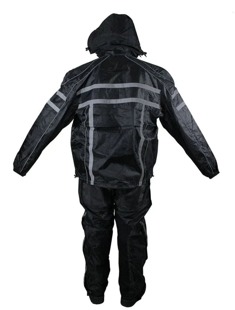 Rear view of waterproof rain jacket and
pants with reflective T-pattern
