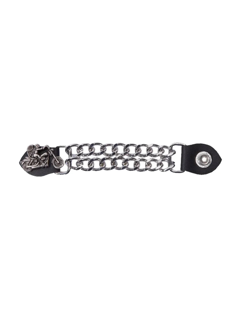 Motorcycle Vest Extender with Guardian Angel Charm and Dual Chrome Chains on Black Leather