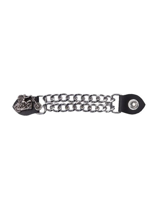 Motorcycle Vest Extender with Guardian Angel Charm and Dual Chrome Chains on Black Leather