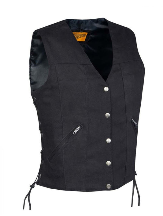 Side angled view of Women’s Black Denim Vest with Front Zipper Pockets and Side Laces