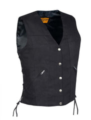 Side angled view of Women’s Black Denim Vest with Front Zipper Pockets and Side Laces