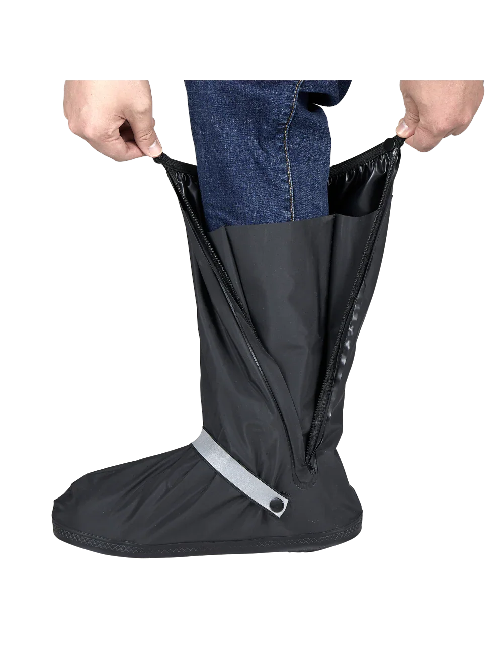 Side profile of rainproof shoe covers for bikers with ankle support and straps
