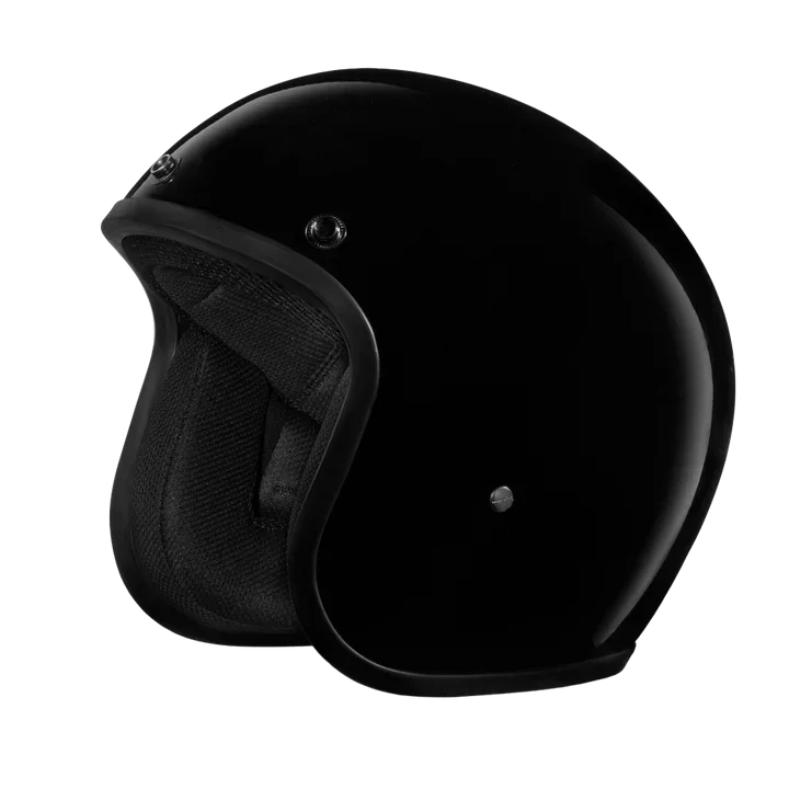 Angled side view of D.O.T. Cruiser Jr. Hi-Gloss Black 3/4 Helmet – Slim Line Contoured Shell – Wide Wing Store