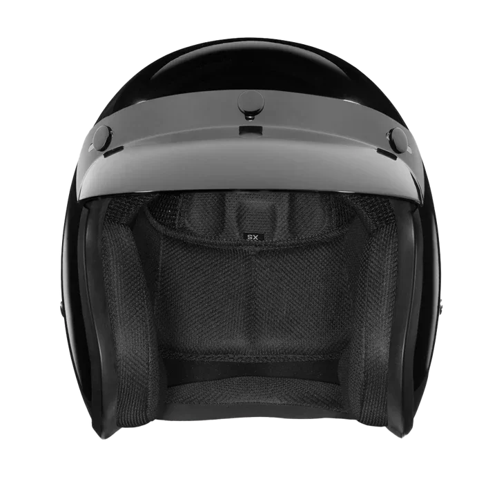Front view of D.O.T. Cruiser Jr. 3/4 Helmet Hi-Gloss Black Finish with Bubble Visor – Wide Wing Store