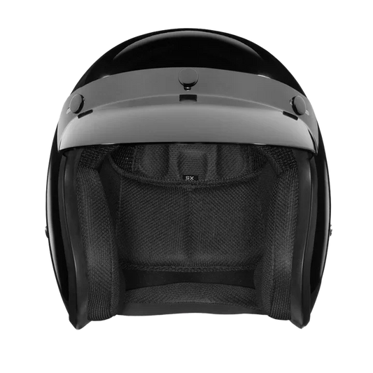 Front view of D.O.T. Cruiser Jr. 3/4 Helmet Hi-Gloss Black Finish with Bubble Visor – Wide Wing Store
