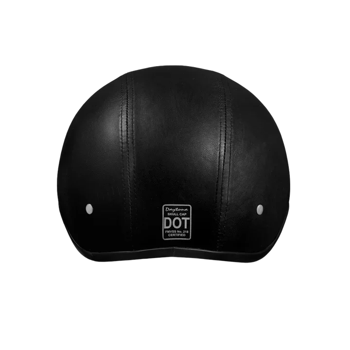 Rear view of Daytona Skull Cap Leather
Covered 1/2 Shell Helmet with DOT Label –