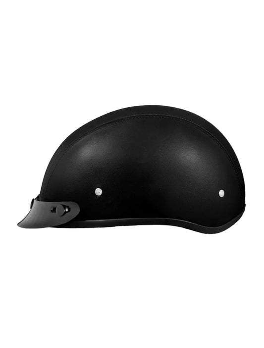 Left side profile of Daytona Skull Cap 1/2 Shell Helmet with Leather Cover – Smallest DOT Half Helmet – Wide Wing Store