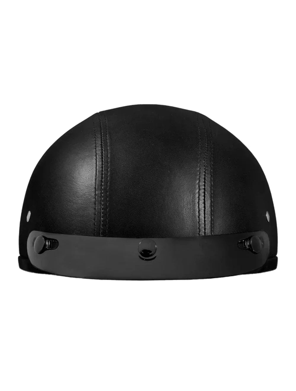 Rear top view of D.O.T. Daytona Skull Cap Leather Covered Helmet showing seams and snap visor – Wide Wing Store