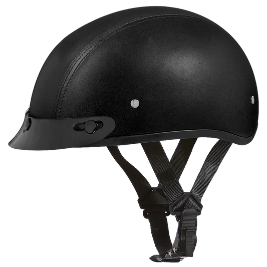 Side view of D.O.T. Daytona Skull Cap 1/2 Shell Helmet Leather Covered – Slim Line Half Helmet – Wide Wing Store
