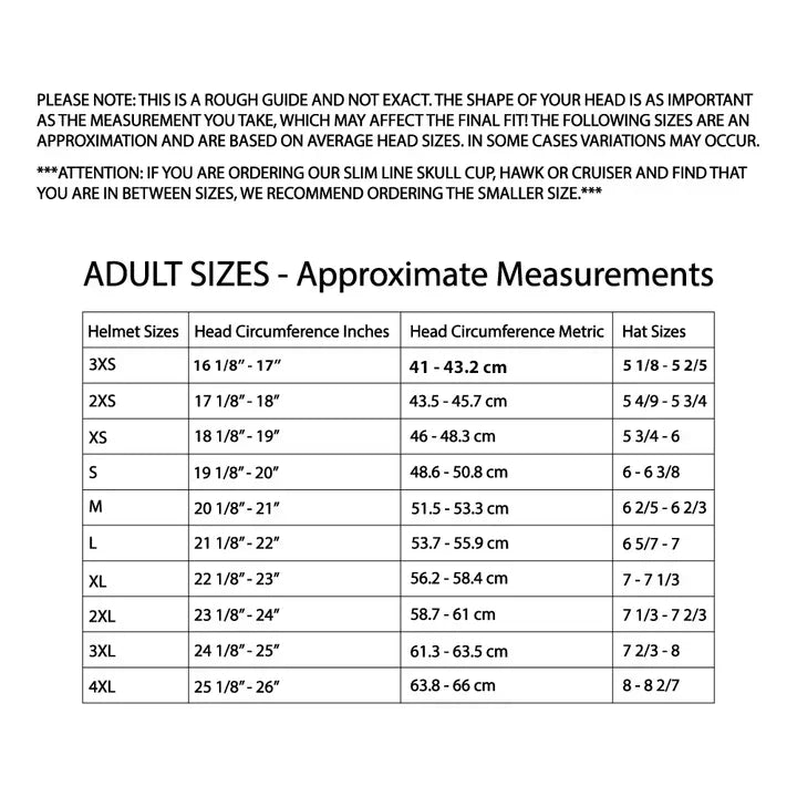 Size chart and measuring guide for D.O.T.
Daytona Skull Cap 1/2 Shell Helmet Leather