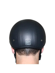 Back view of rider wearing Daytona Skull Cap Leather Covered Helmet – DOT Certification visible – Wide Wing Store