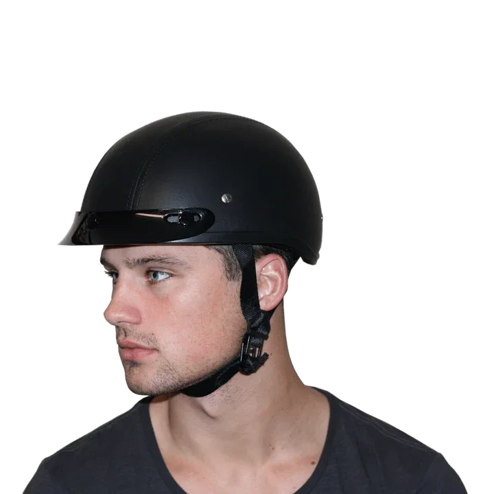 Rider wearing D.O.T. Daytona Skull Cap
Leather Covered Helmet – Side profile