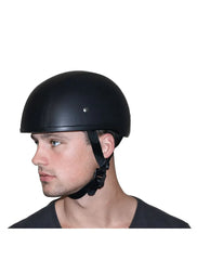 Rider wearing D.O.T. Daytona Skull Cap Leather Covered Helmet – Side profile showing fit and strap – Wide Wing Store