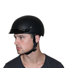 Rider wearing D.O.T. Daytona Skull Cap
Leather Covered Helmet – Side profile